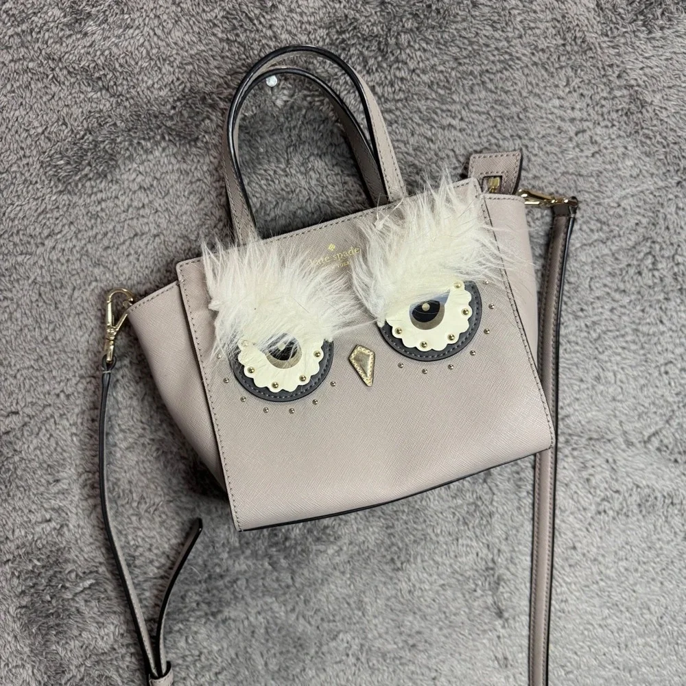 Kate Spade Star Bright Owl Lottie Satchel Taupe Saffiano Leather Crossbody Bag